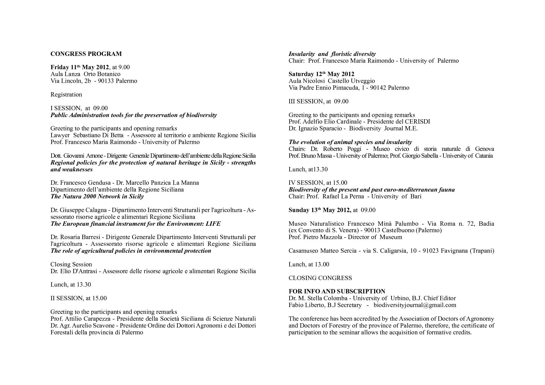 INSULARITY  and  BIODIVERSITY - Palermo 11-12-13 Maggio 2012